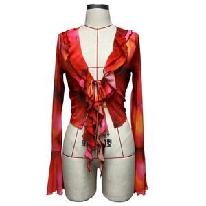 Vintage Windsor Womens Size L Printed Mesh Tie Front Ruffle Y2K Cardigan